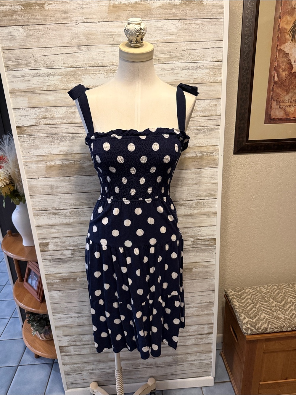 Women’s Navy Polka Dot Smocked Sundress